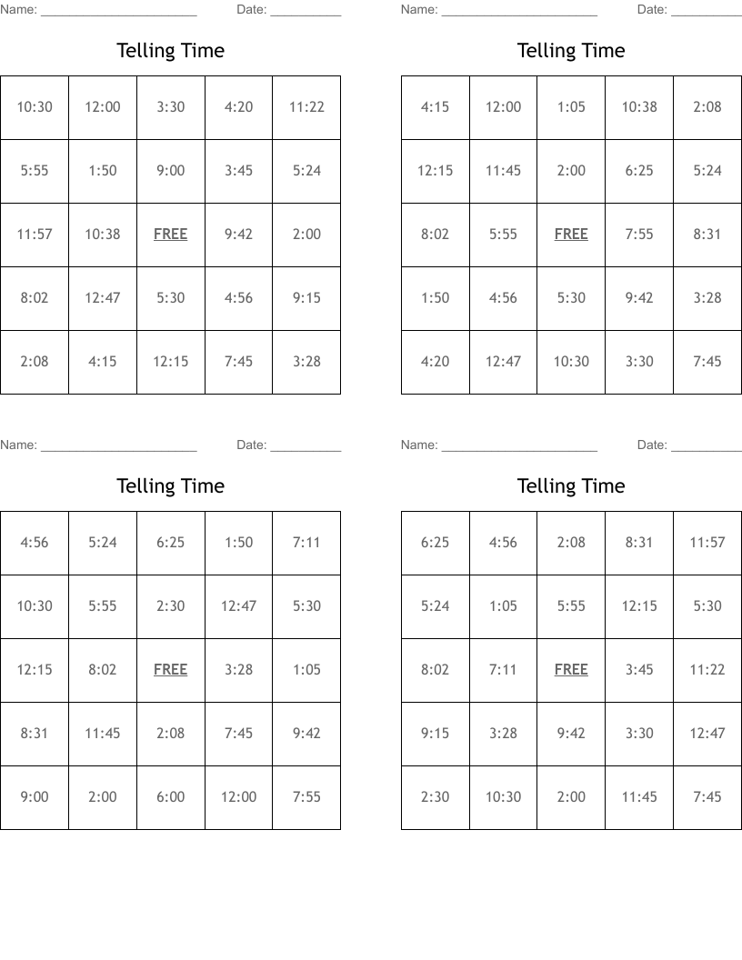 Telling Time Bingo Cards
