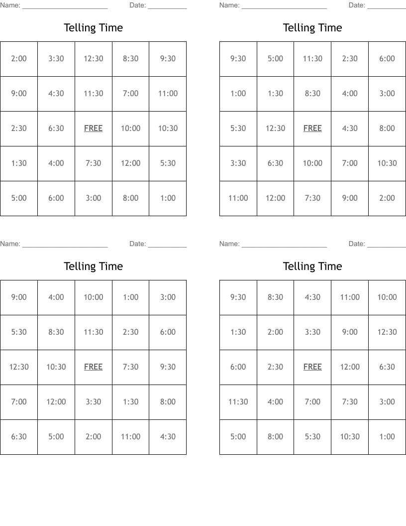 Telling Time Bingo Cards
