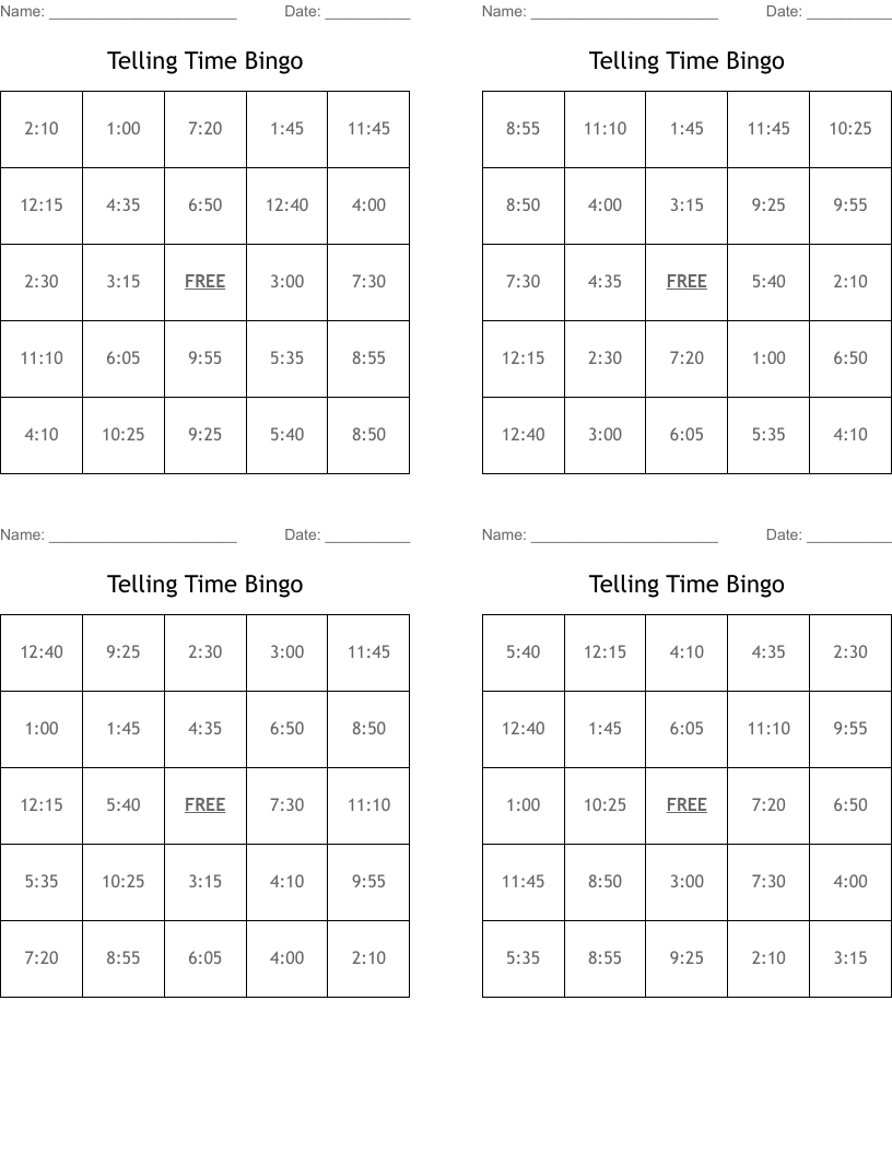 Telling Time Bingo