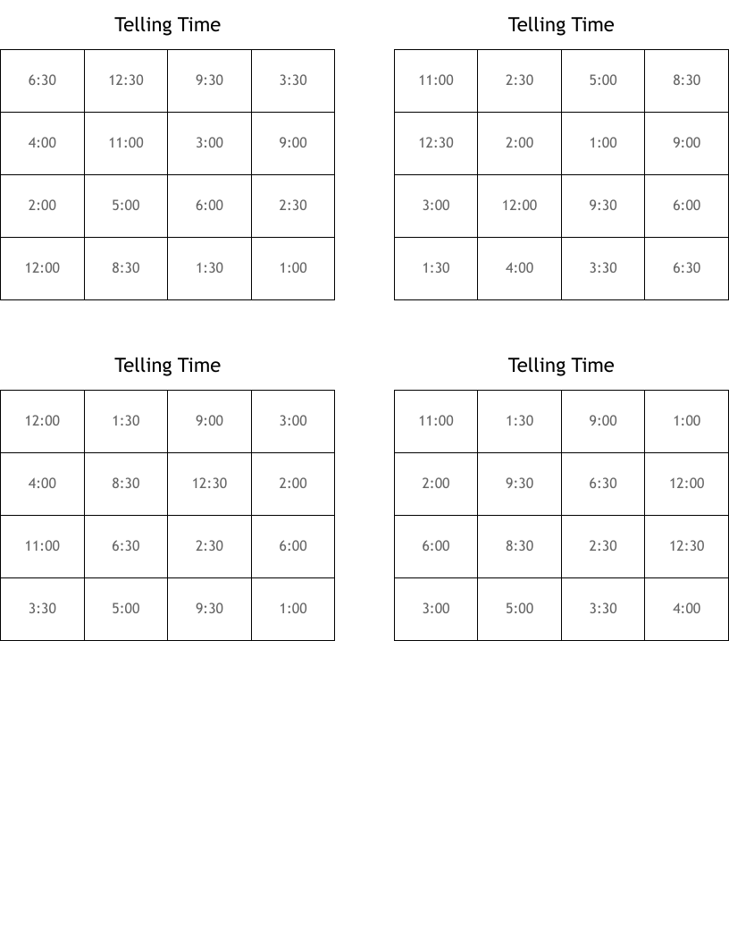 Telling Time  Bingo Cards