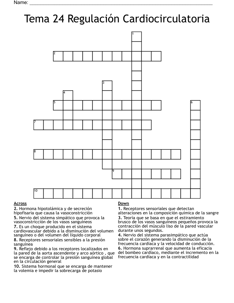 Tema 24 Regulación Cardiocirculatoria Crossword