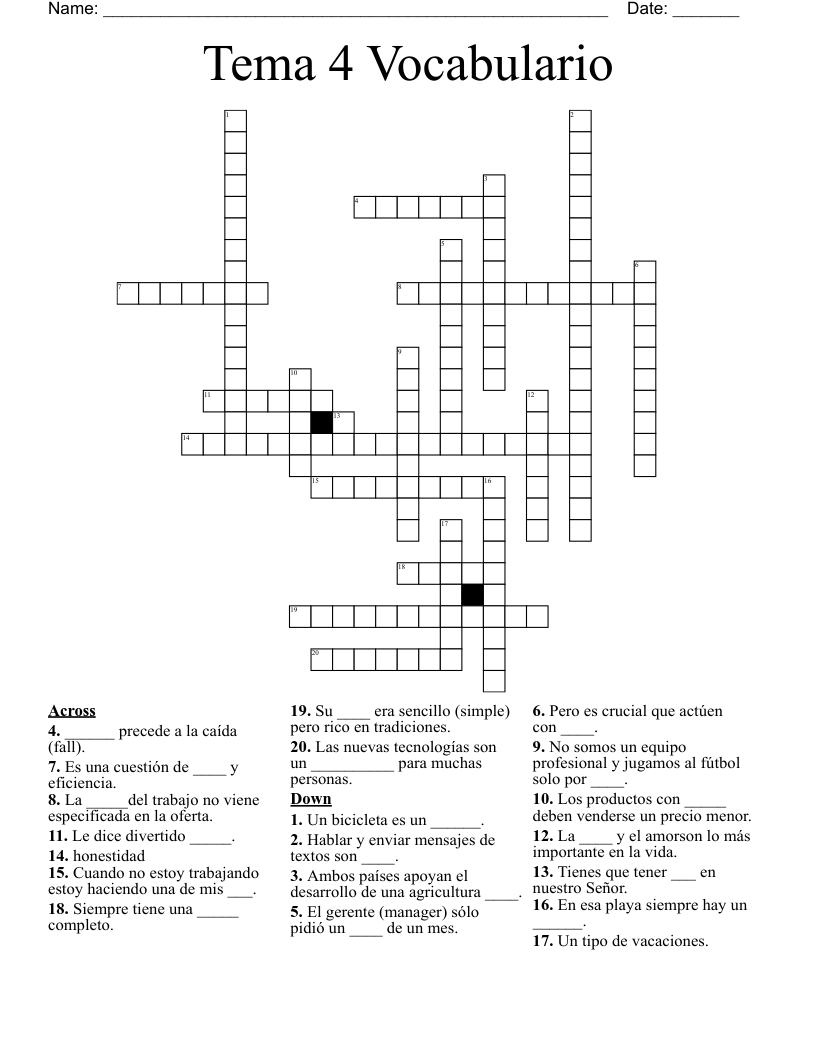 Tema 4 Vocabulario Crossword