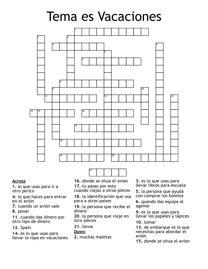 Tema es Vacaciones Crossword