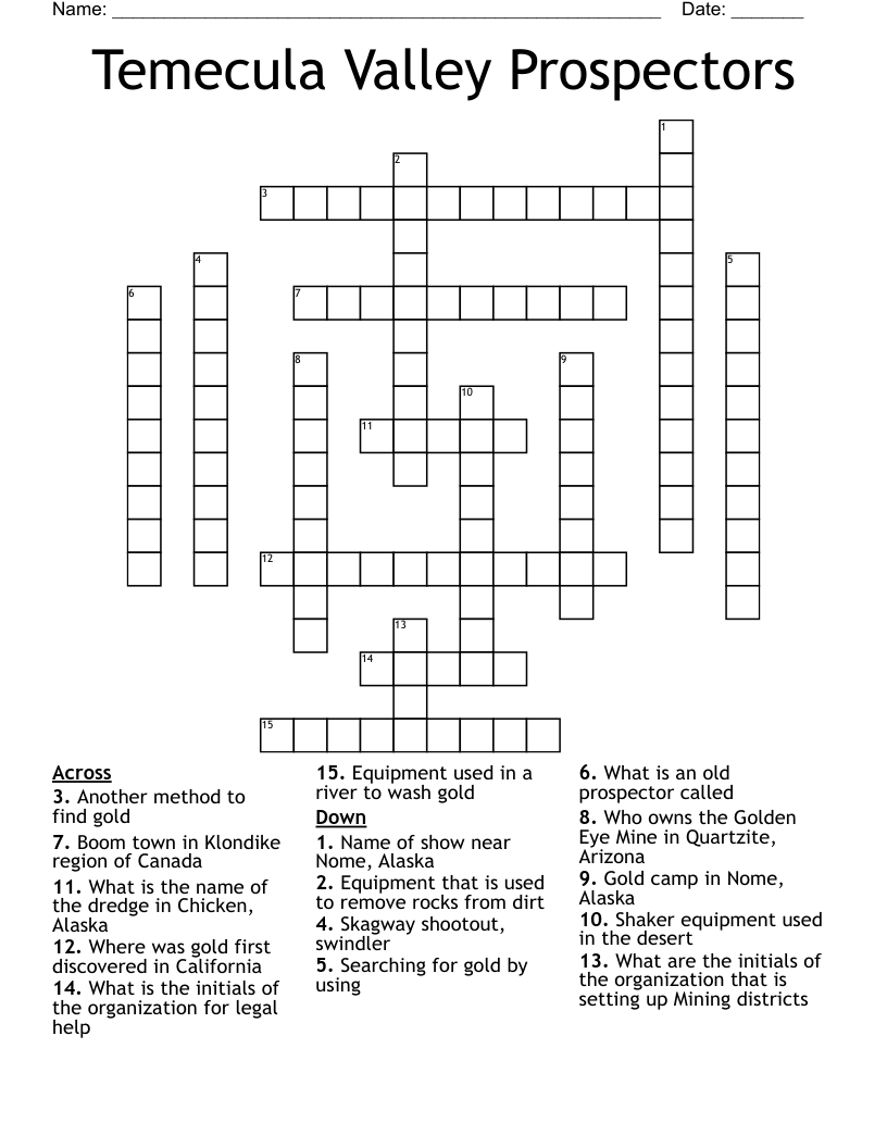 Temecula Valley Prospectors Crossword