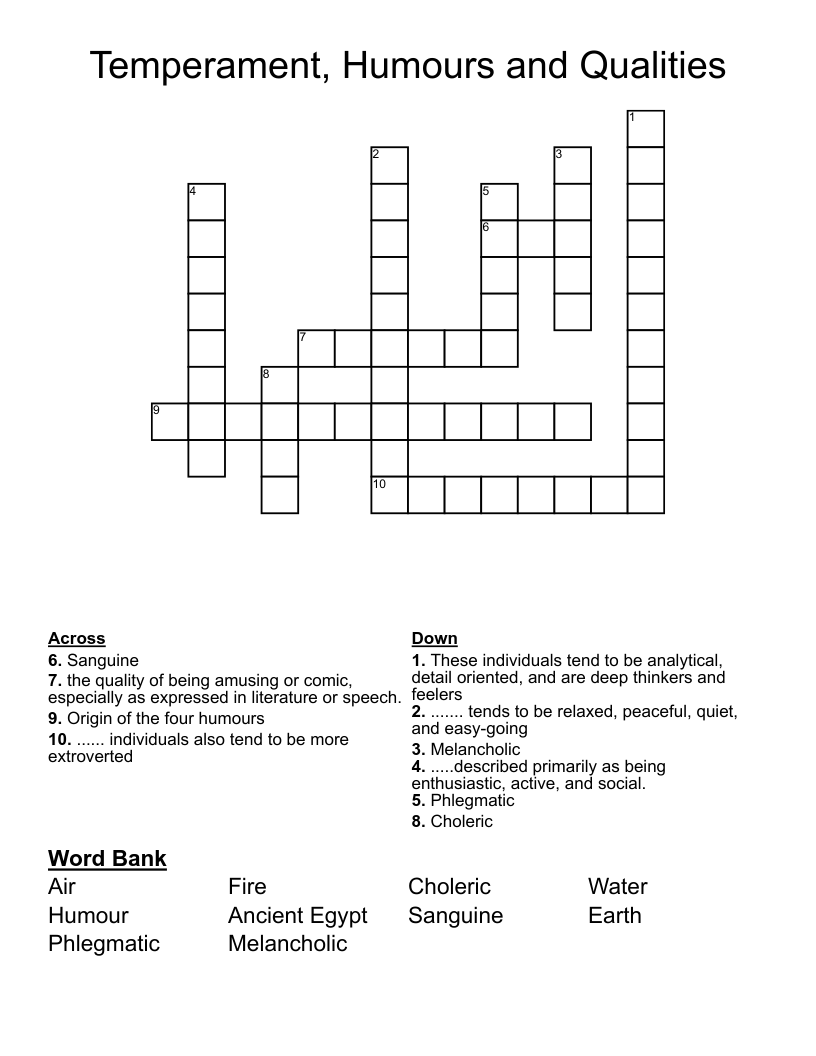 Temperament, Humours and Qualities  Crossword