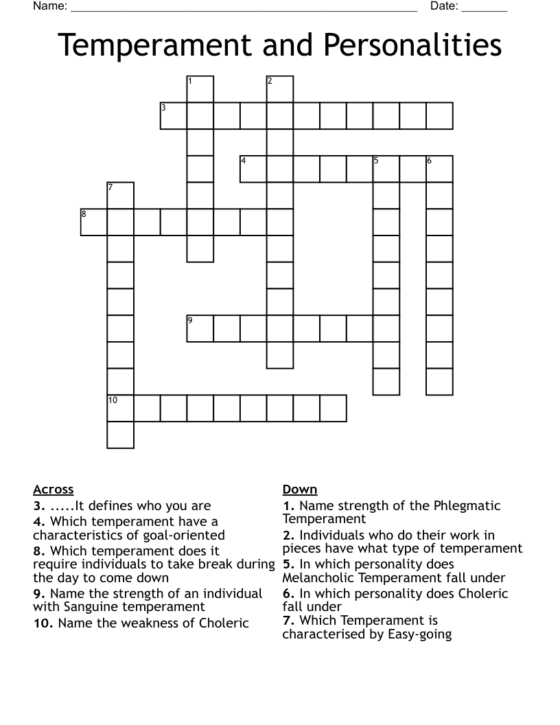 Temperament and Personalities Crossword
