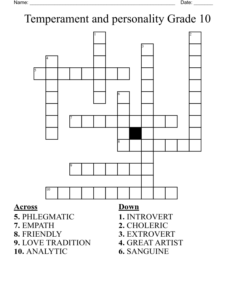 Temperament and personality Grade 10 Crossword