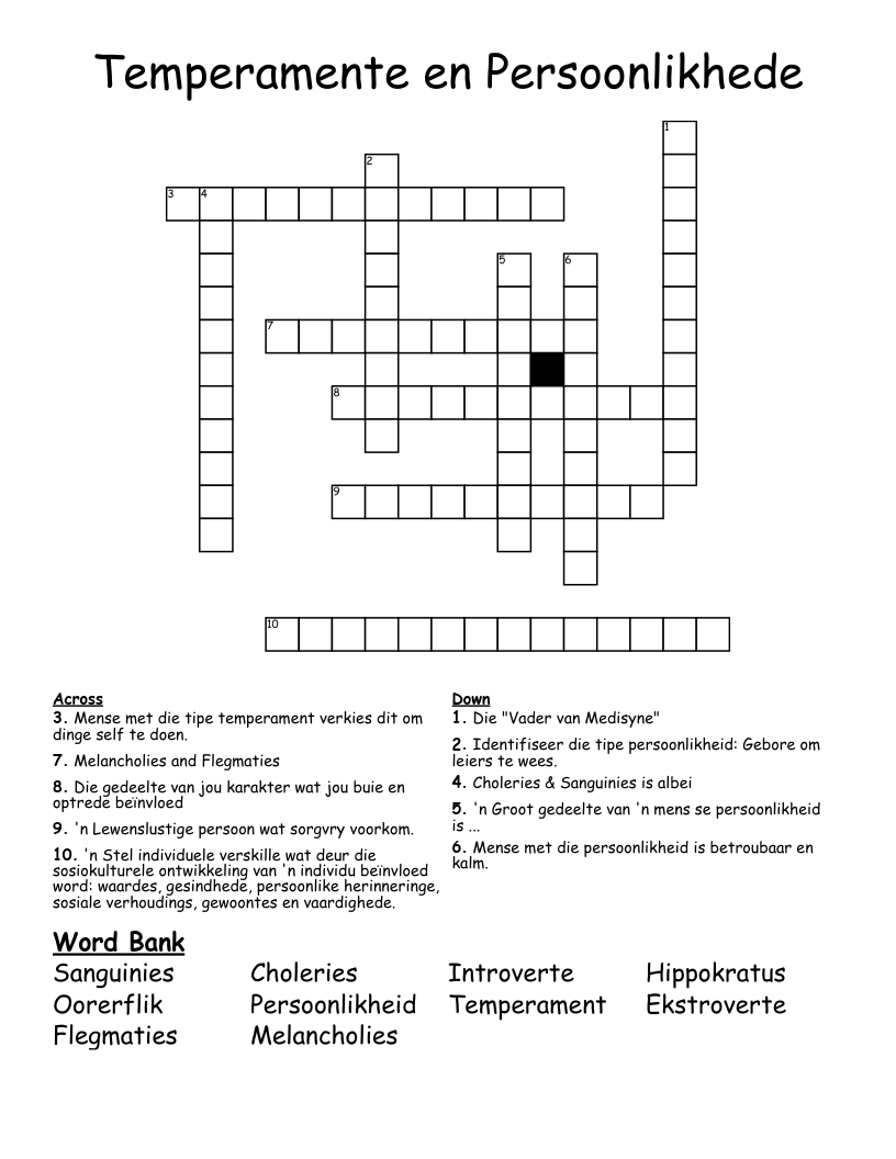 Temperamente en Persoonlikhede Crossword