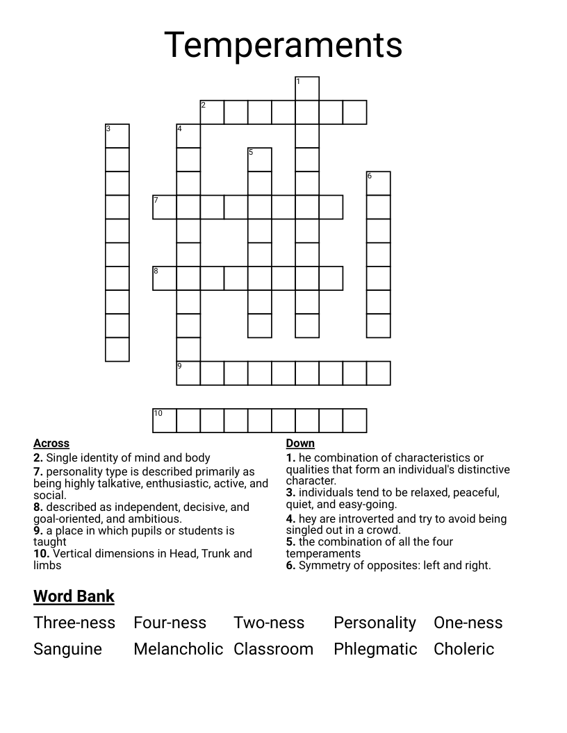 Temperaments Crossword