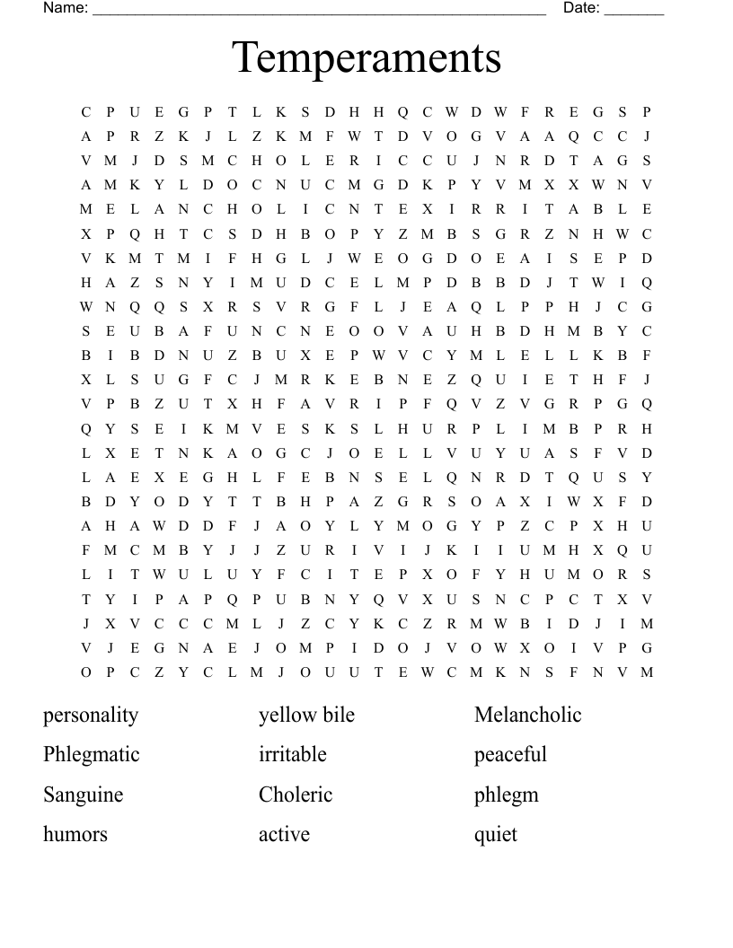 Temperaments Word Search