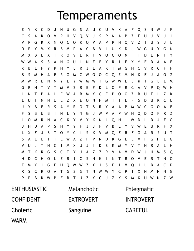 Temperaments  Word Search