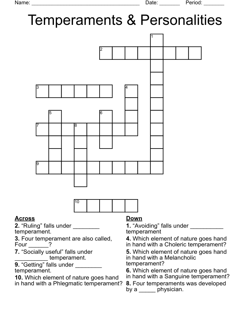 Temperaments & Personalities  Crossword