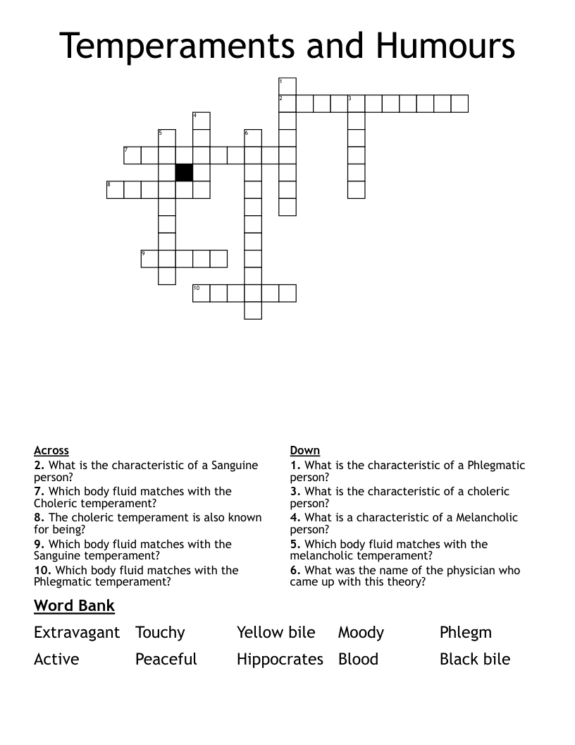 Temperaments and Humours Crossword