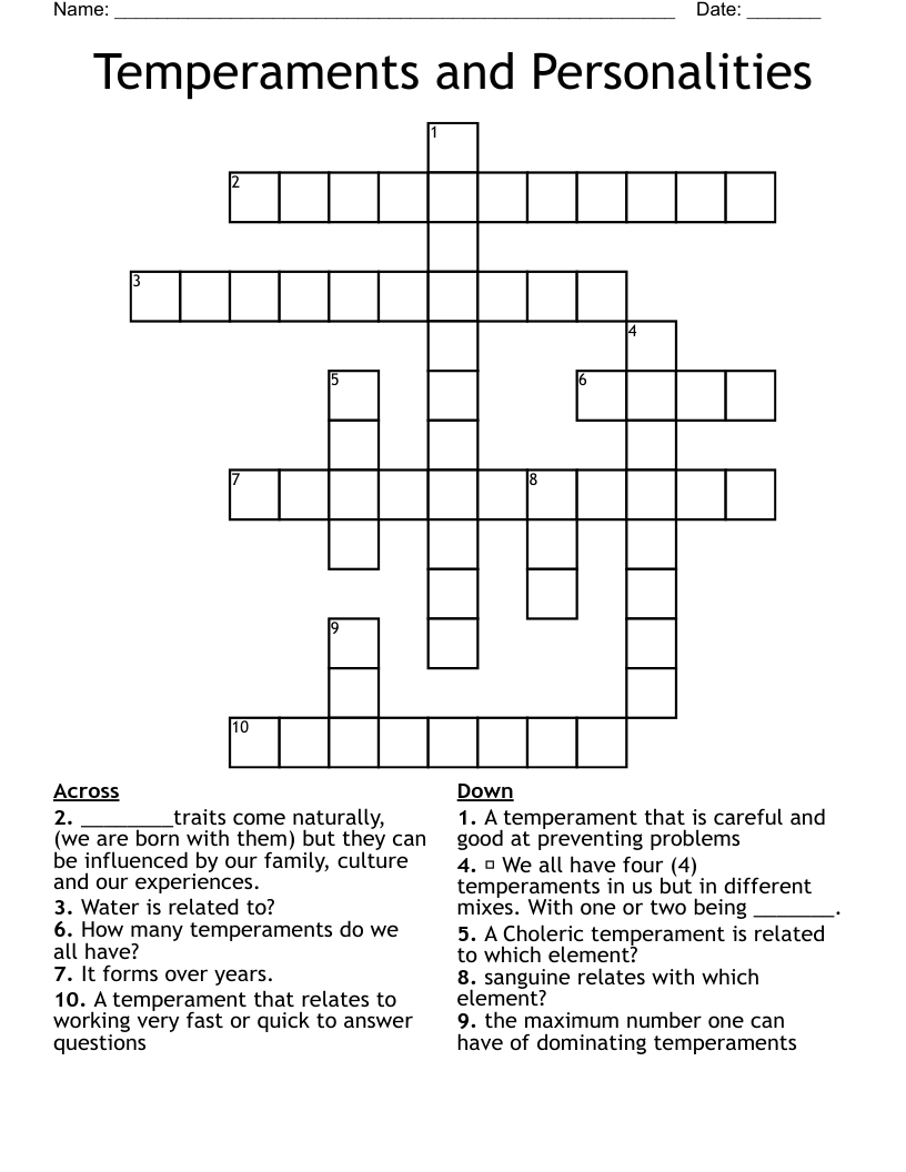 Temperaments and Personalities Crossword