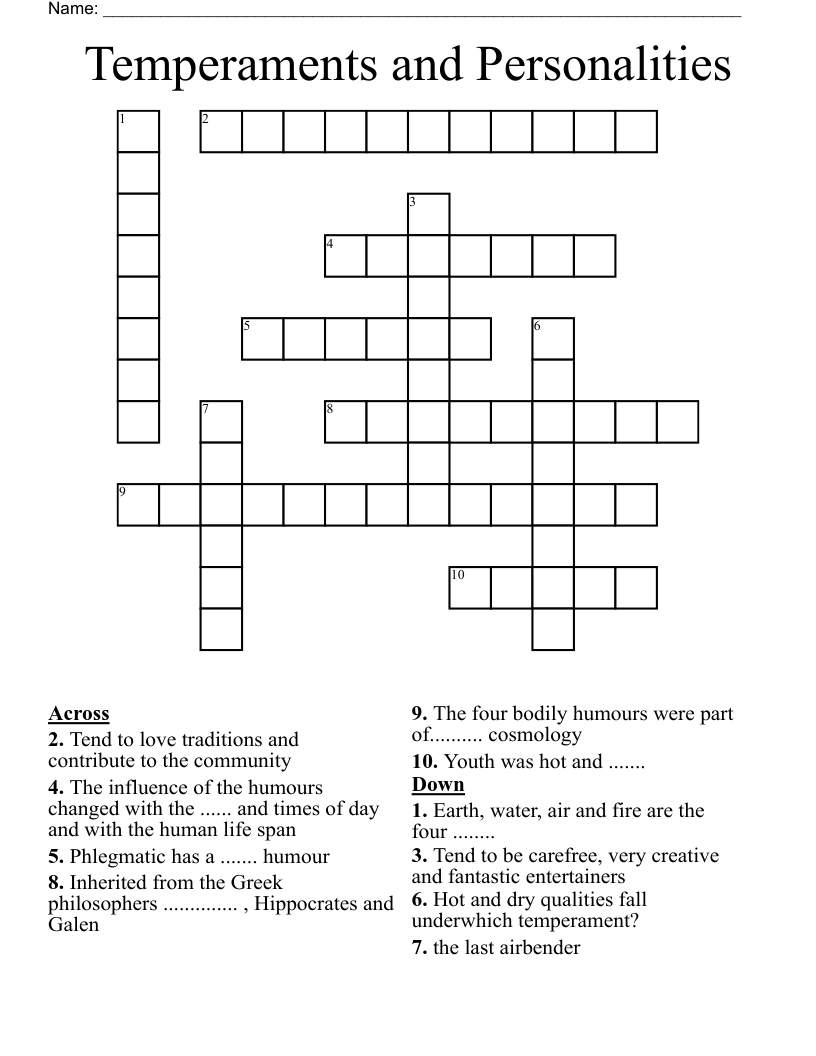 Temperaments and Personalities Crossword