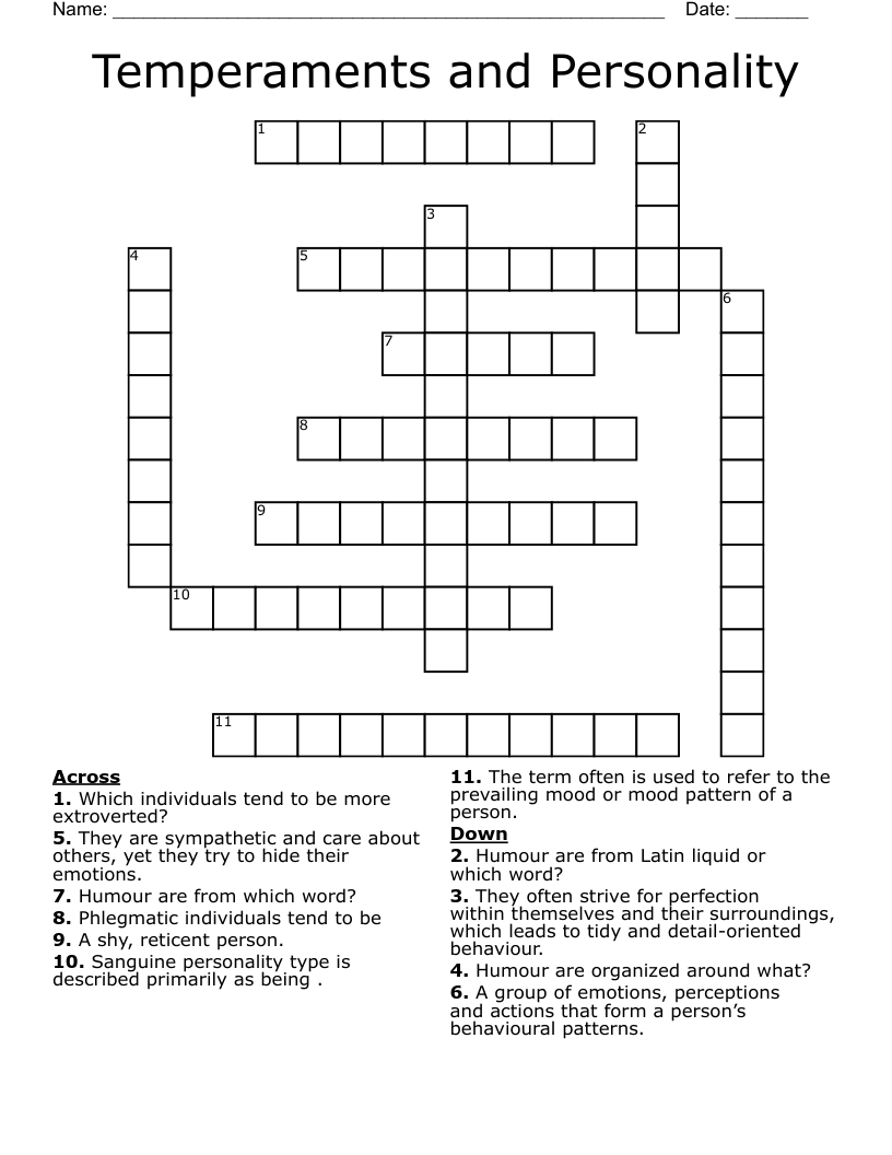 Temperaments and Personality Crossword