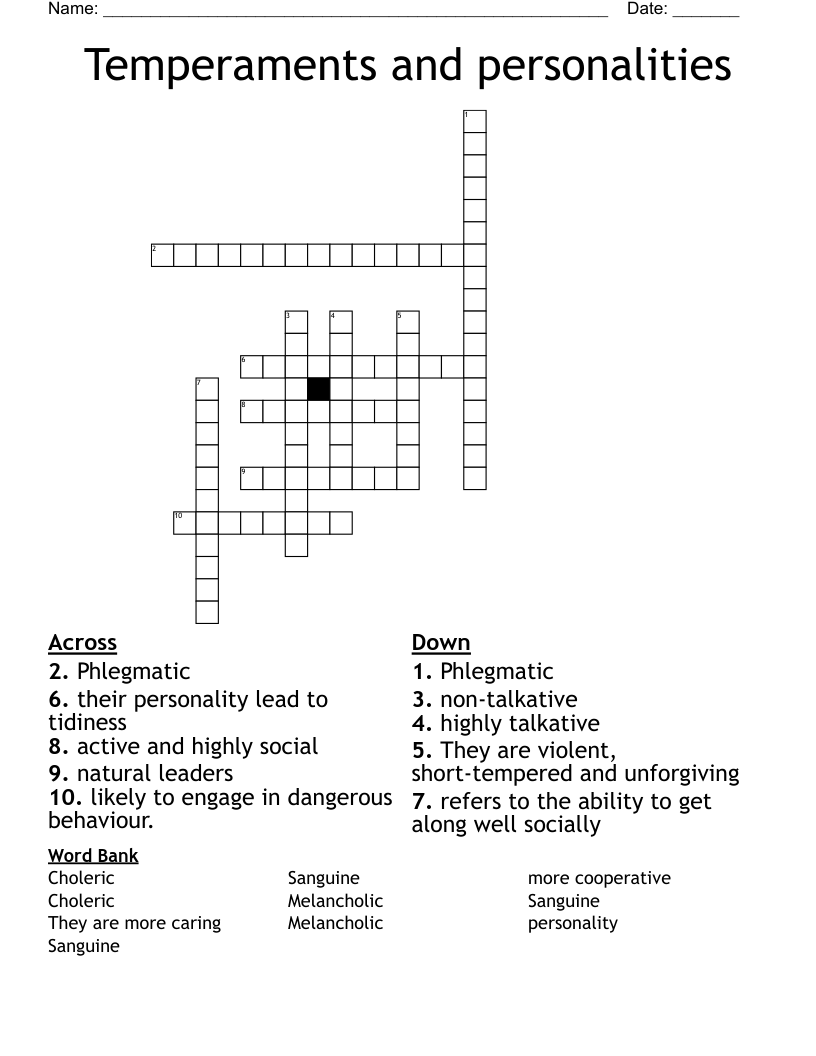 Temperaments and personalities Crossword