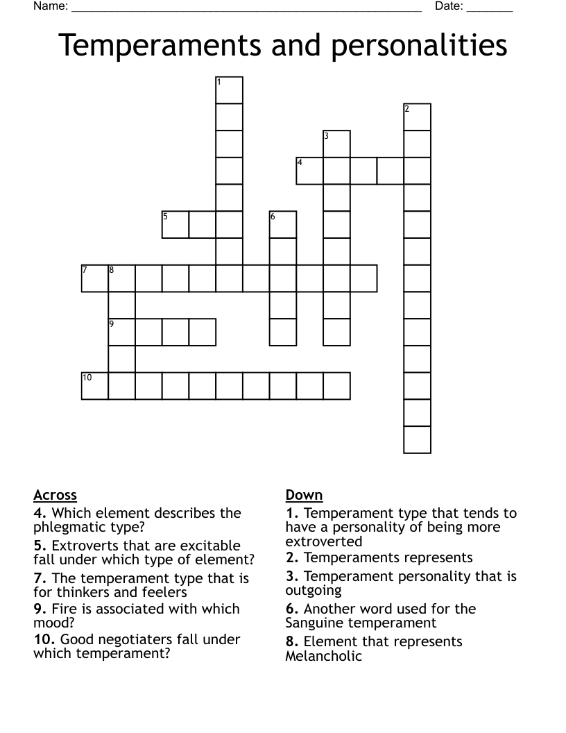Temperaments and personalities Crossword