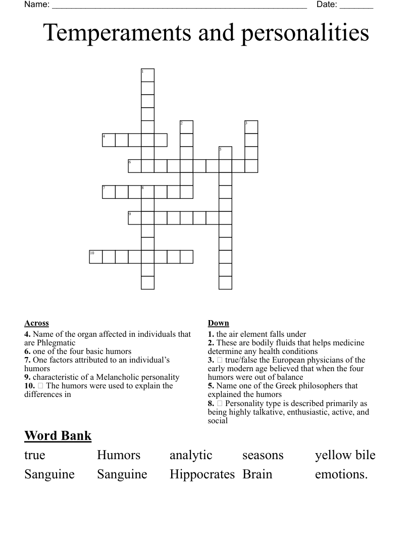 Temperaments and personalities Crossword