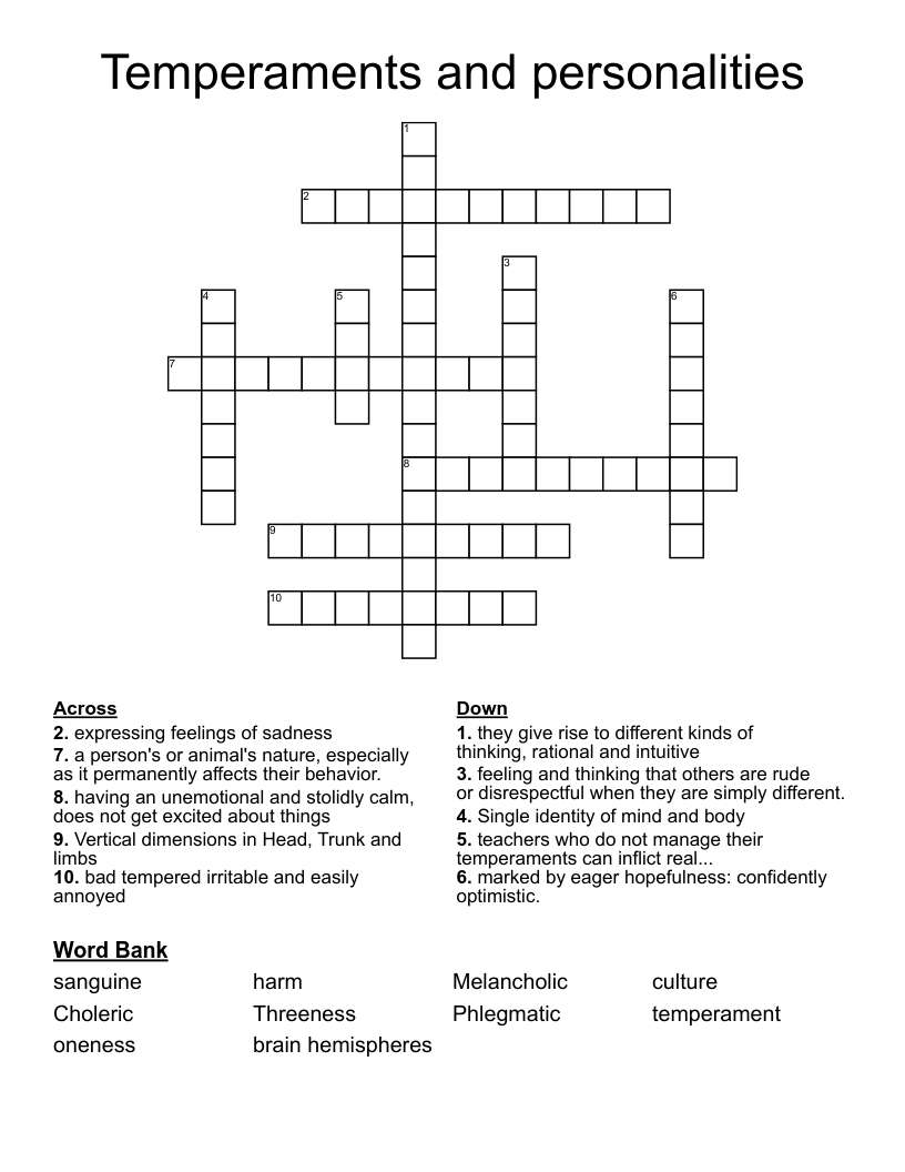 Temperaments and personalities  Crossword