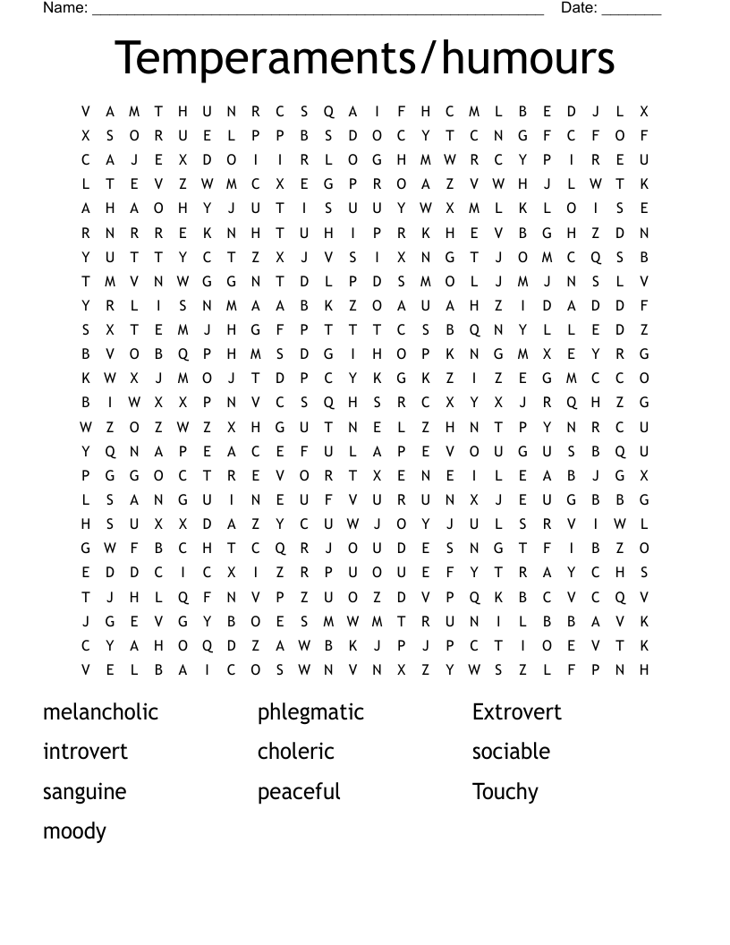 Temperaments/humours Word Search