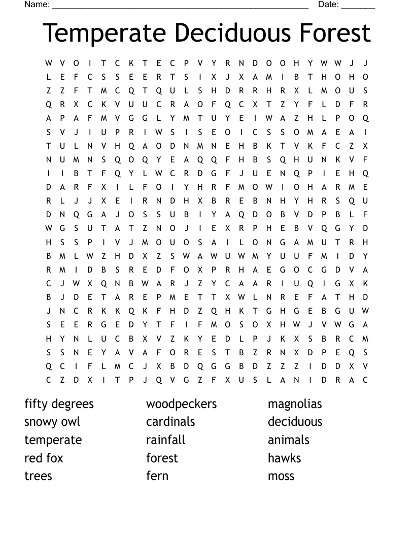 Temperate Deciduous Forest Word Search