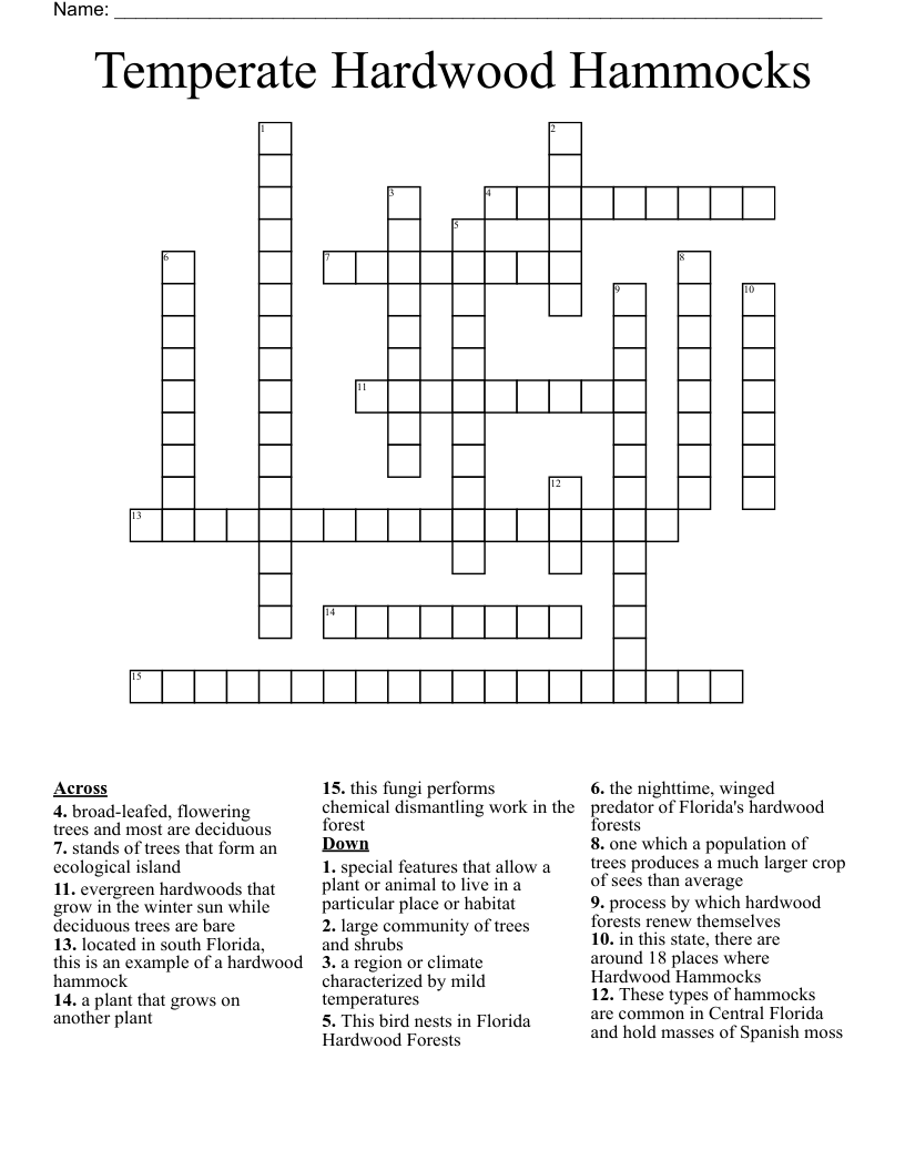 Temperate Hardwood Hammocks Crossword