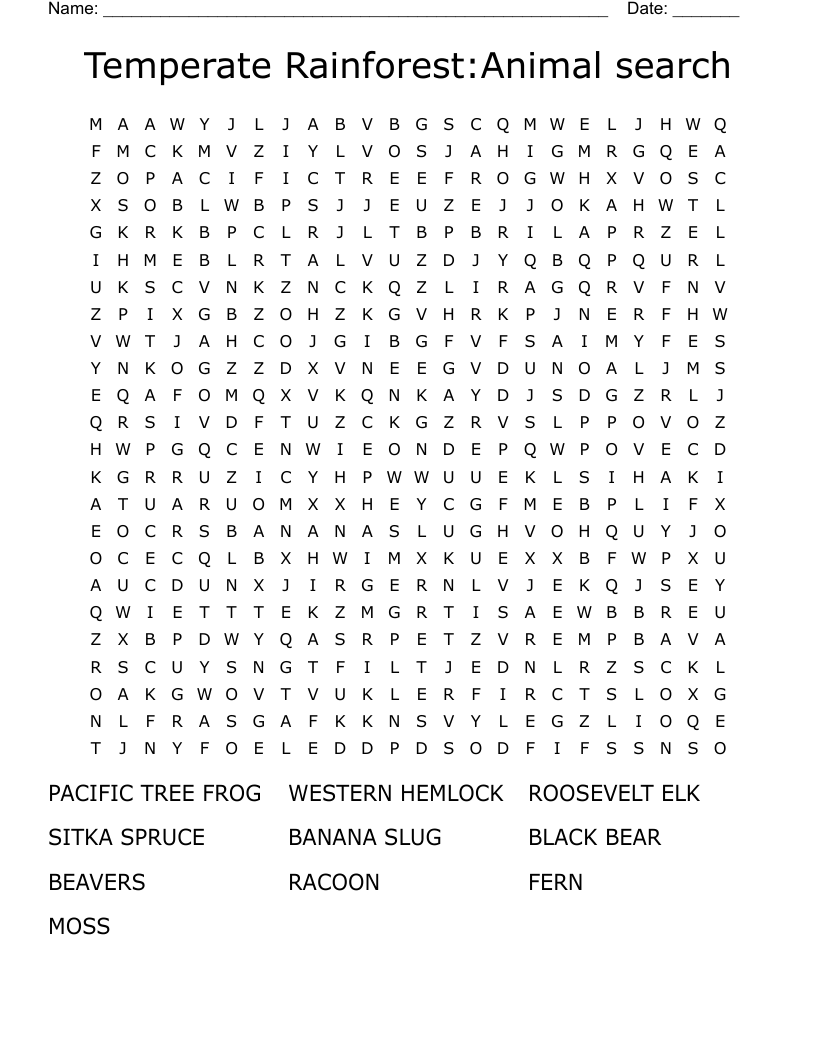 Temperate Rainforest:Animal search Word Search