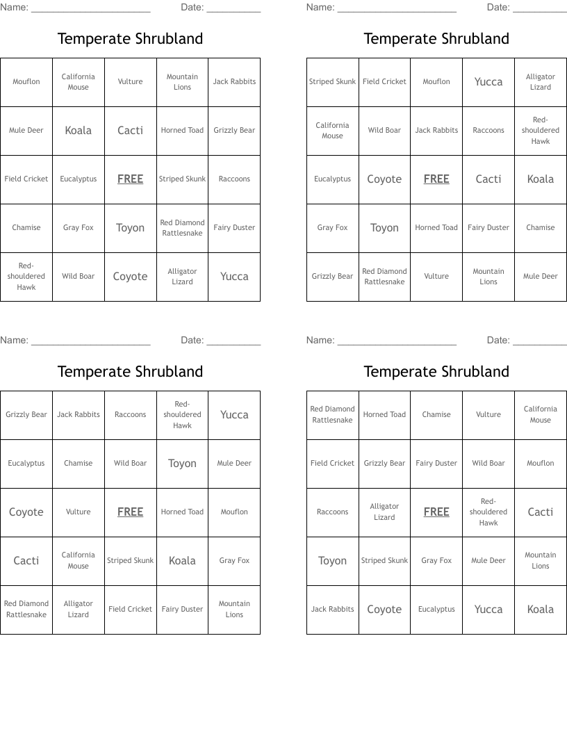 Temperate Shrubland Bingo Cards