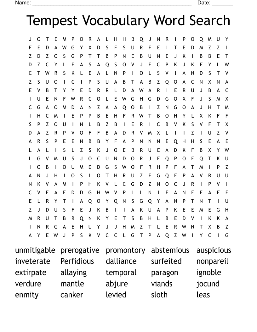 Tempest Vocabulary Word Search