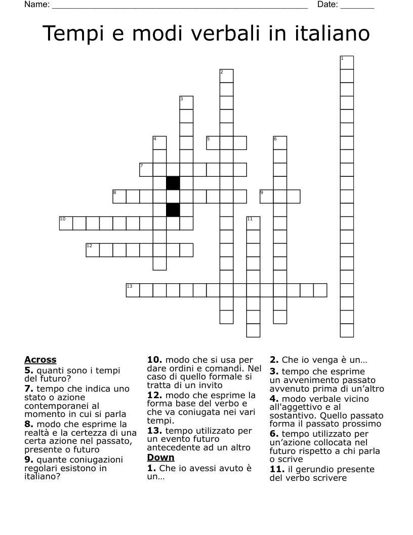 Tempi e modi verbali in italiano Crossword