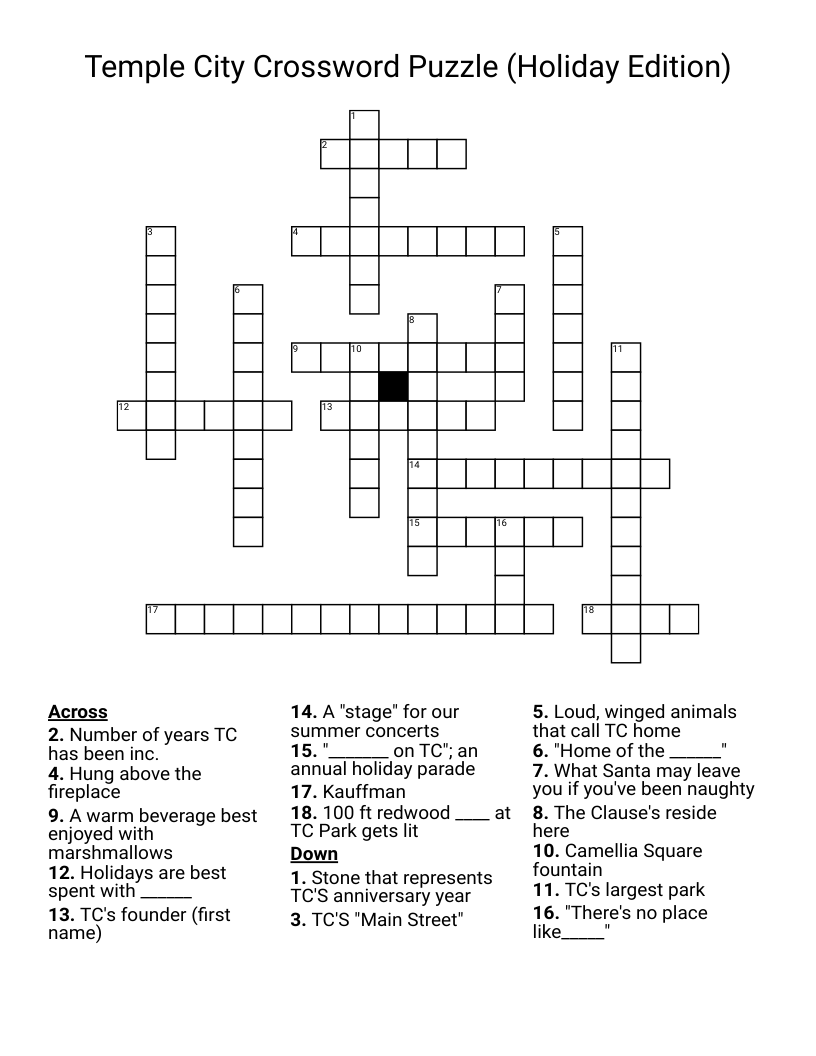 Temple City Crossword Puzzle (Holiday Edition)