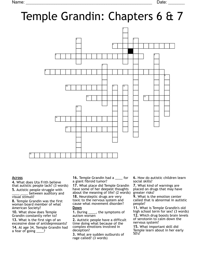 Temple Grandin: Chapters 6 & 7 Crossword