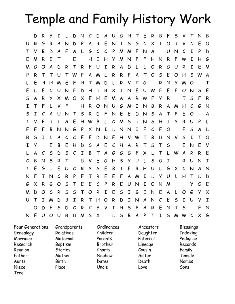 Temple and Family History Work Word Search