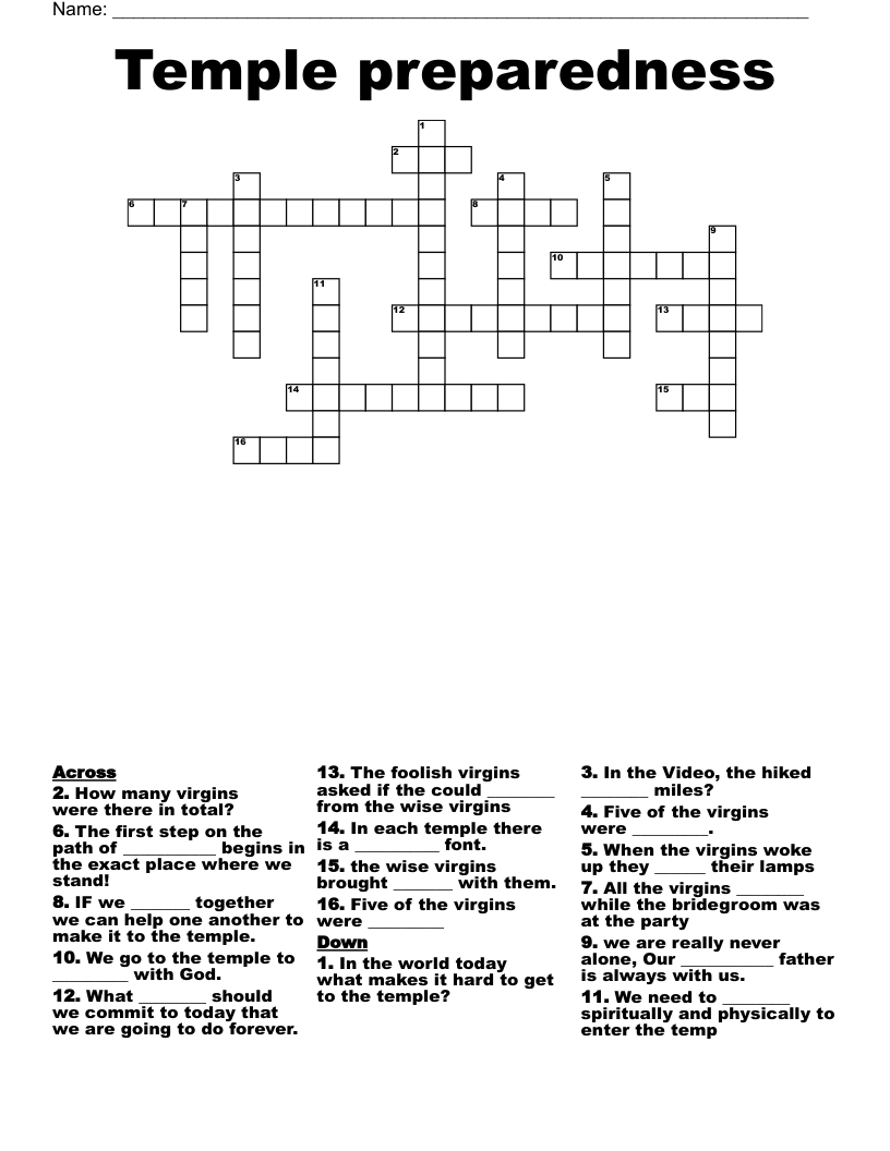 Temple preparedness Crossword