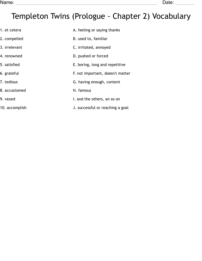 Templeton Twins (Prologue - Chapter 2) Vocabulary  Worksheet