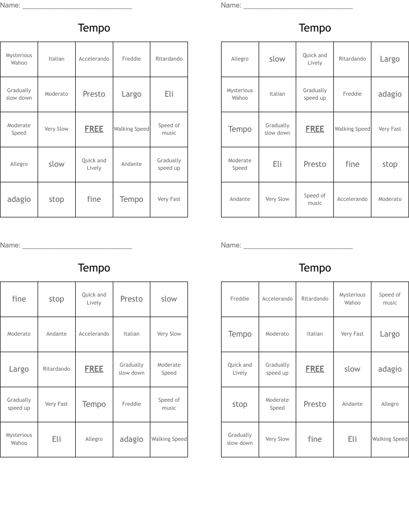 Tempo Bingo Cards