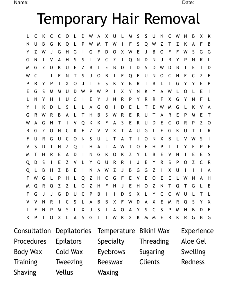 Temporary Hair Removal Word Search