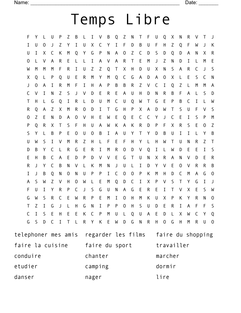 Temps Libre Word Search
