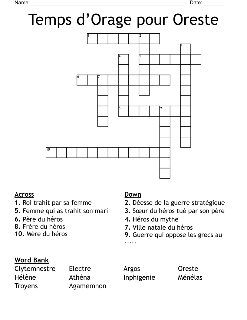 Temps d’Orage pour Oreste  Crossword