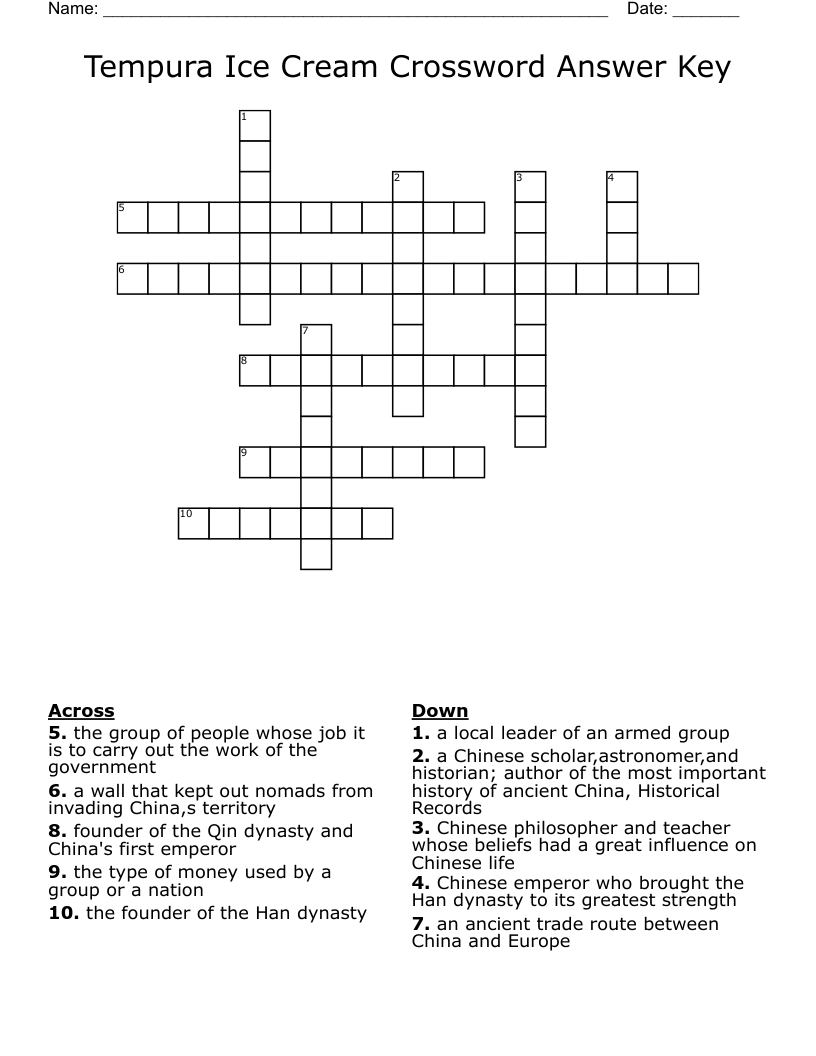 Tempura Ice Cream Crossword Answer Key