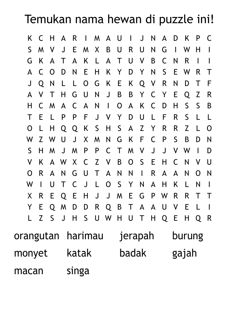 Temukan nama hewan di puzzle ini! Word Search