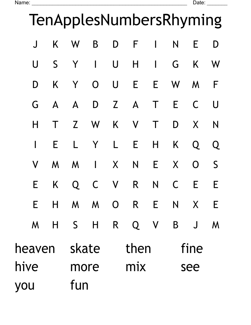 TenApplesNumbersRhyming Word Search