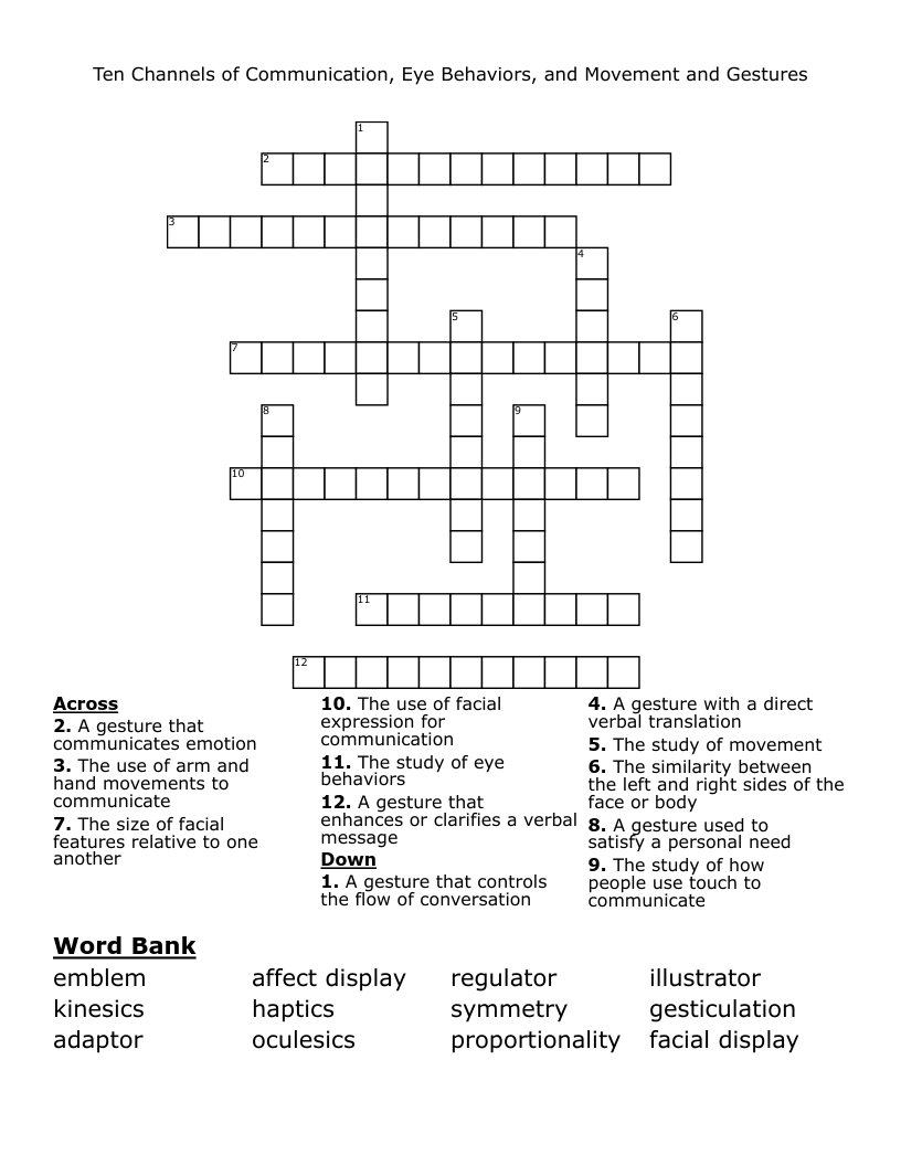Ten Channels of Communication, Eye Behaviors, and Movement and Gestures Crossword