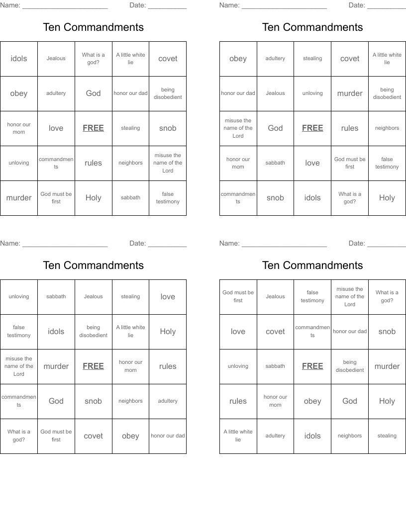 Ten Commandments Bingo Cards