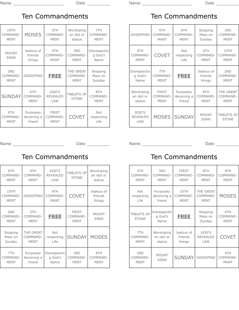 Ten Commandments Bingo Cards