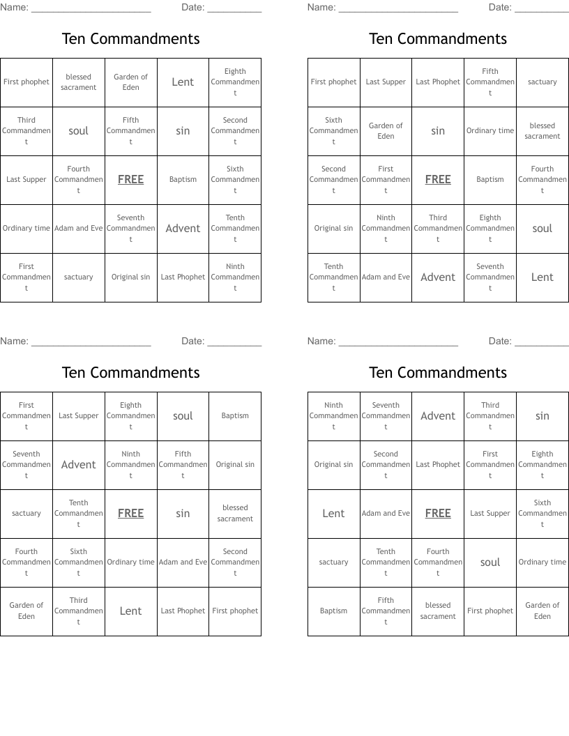 Ten Commandments Bingo Cards