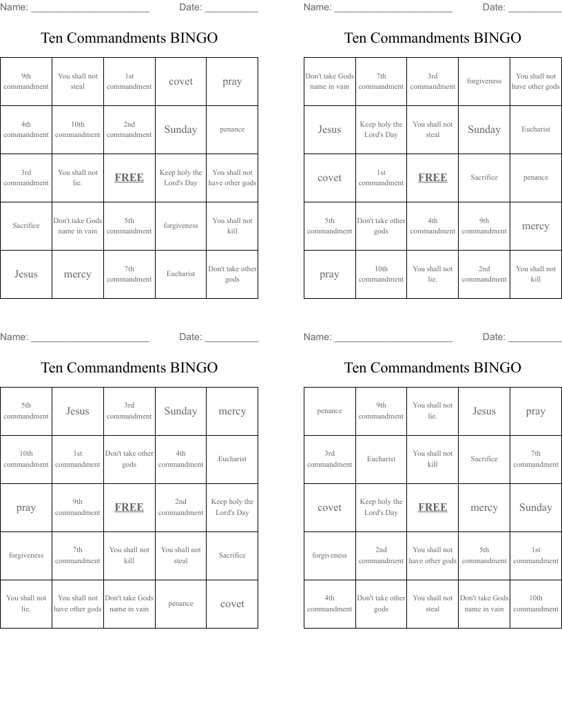 Ten Commandments BINGO
