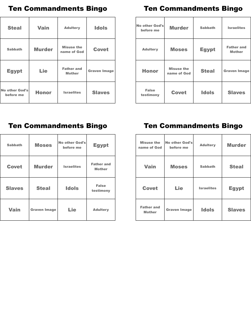 Ten Commandments Bingo