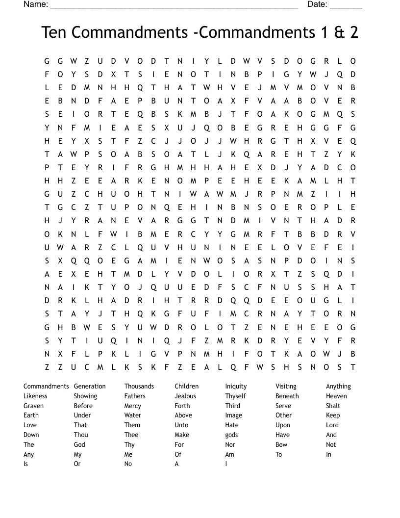 Ten Commandments -Commandments 1 & 2 Word Search